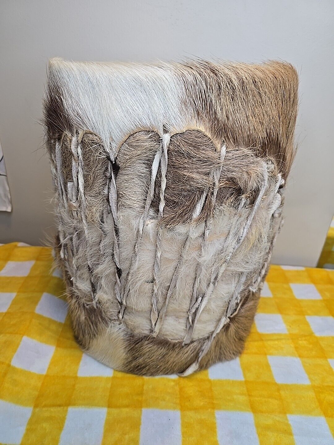 African Hand Drum Goat Fur Covered 15 Inches Tall 11 Inches Wide