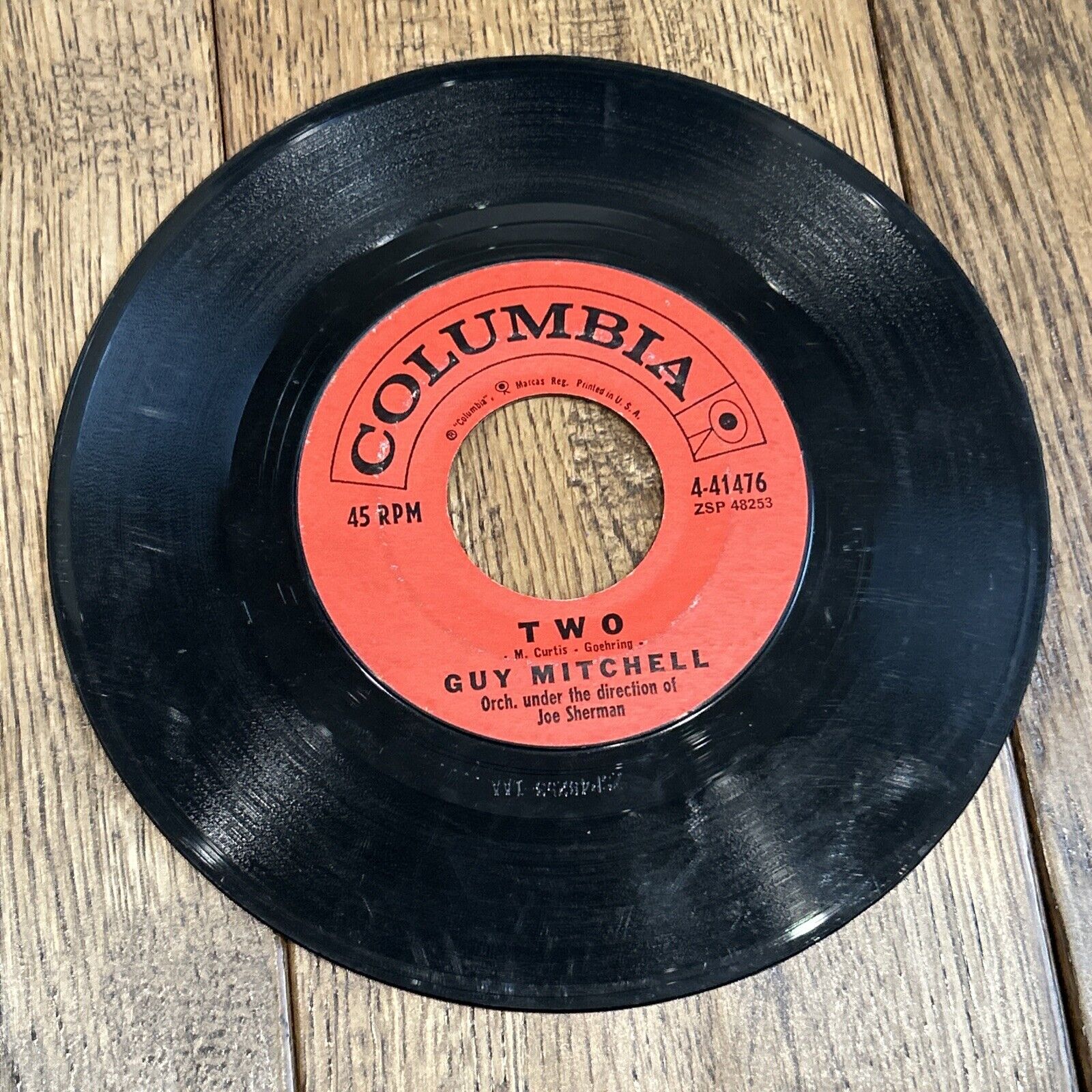 Vintage Guy Mitchell 45 RPM Record Two & Heartaches By The Number Columbia