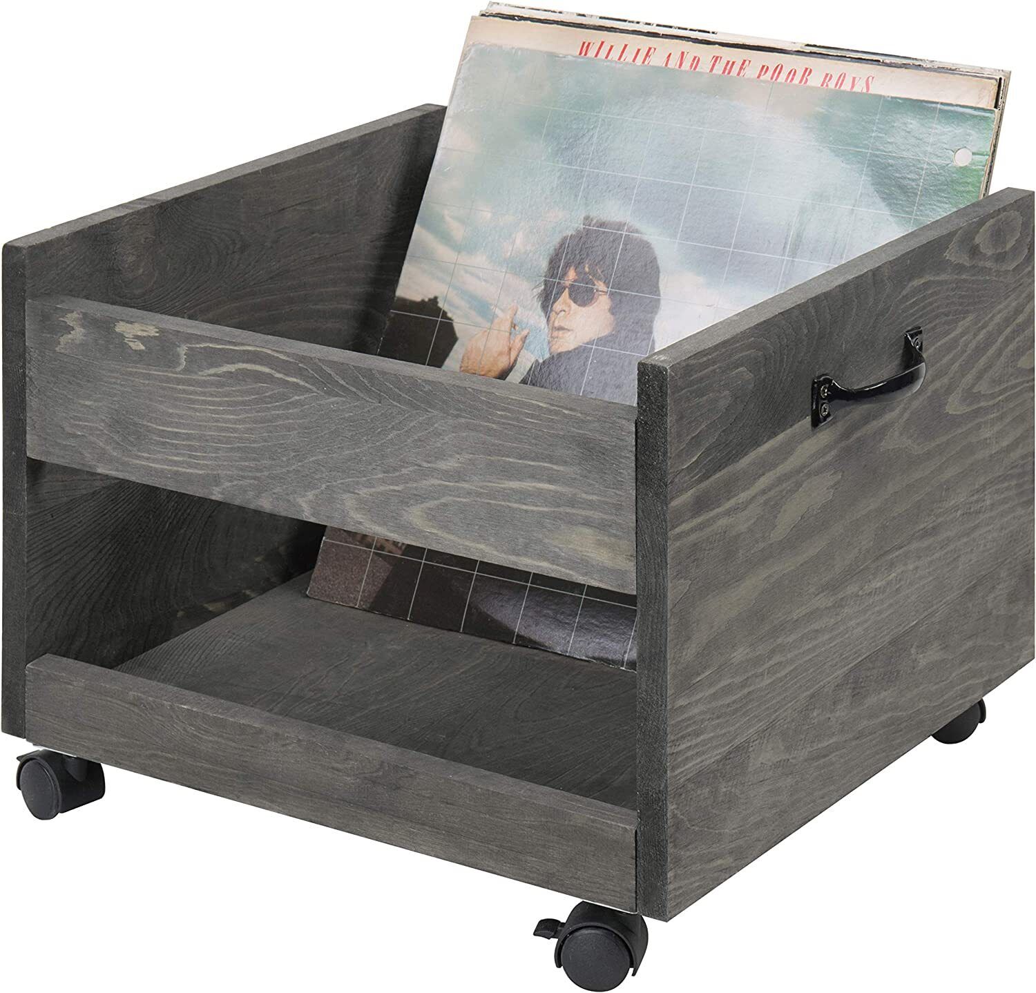 Grey Wood Vinyl Record Rolling Storage Crate w/ Locking Casters, Media Storage