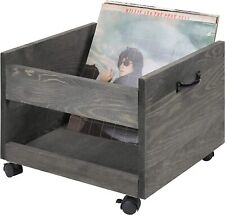 Grey Wood Vinyl Record Rolling Storage Crate w/ Locking Casters, Media Storage picture