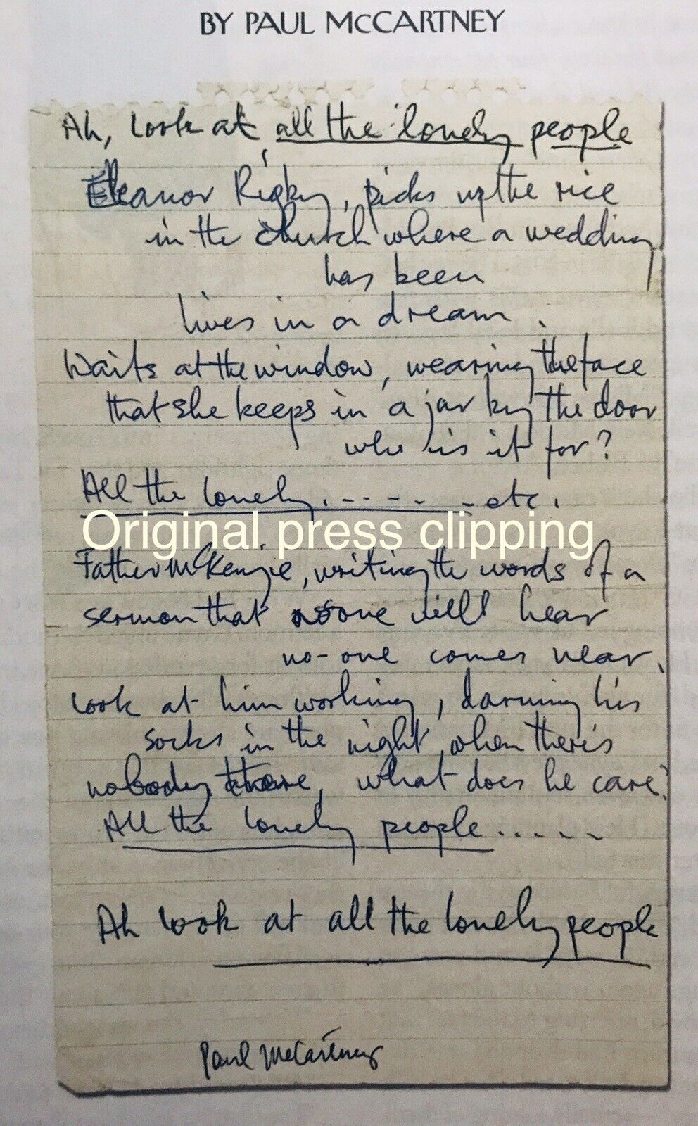 Eleanor Rigby Lyrics PRESS CLIPPING McCartney’s Notes ORIGINAL From Editorial