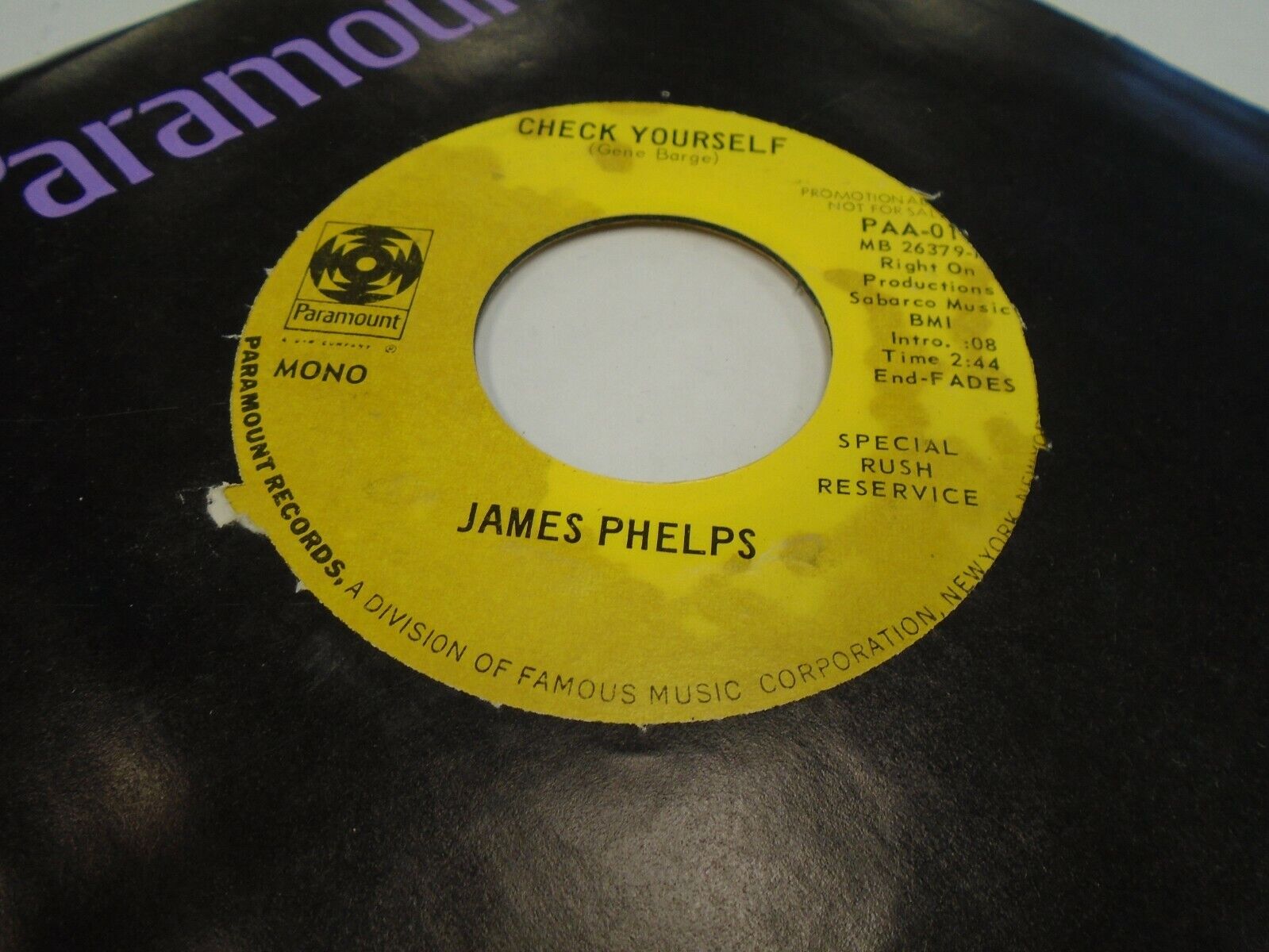 James Phelps Check Yourself / My Lover\'s 45 RPM Paramount EX promo MONO soul