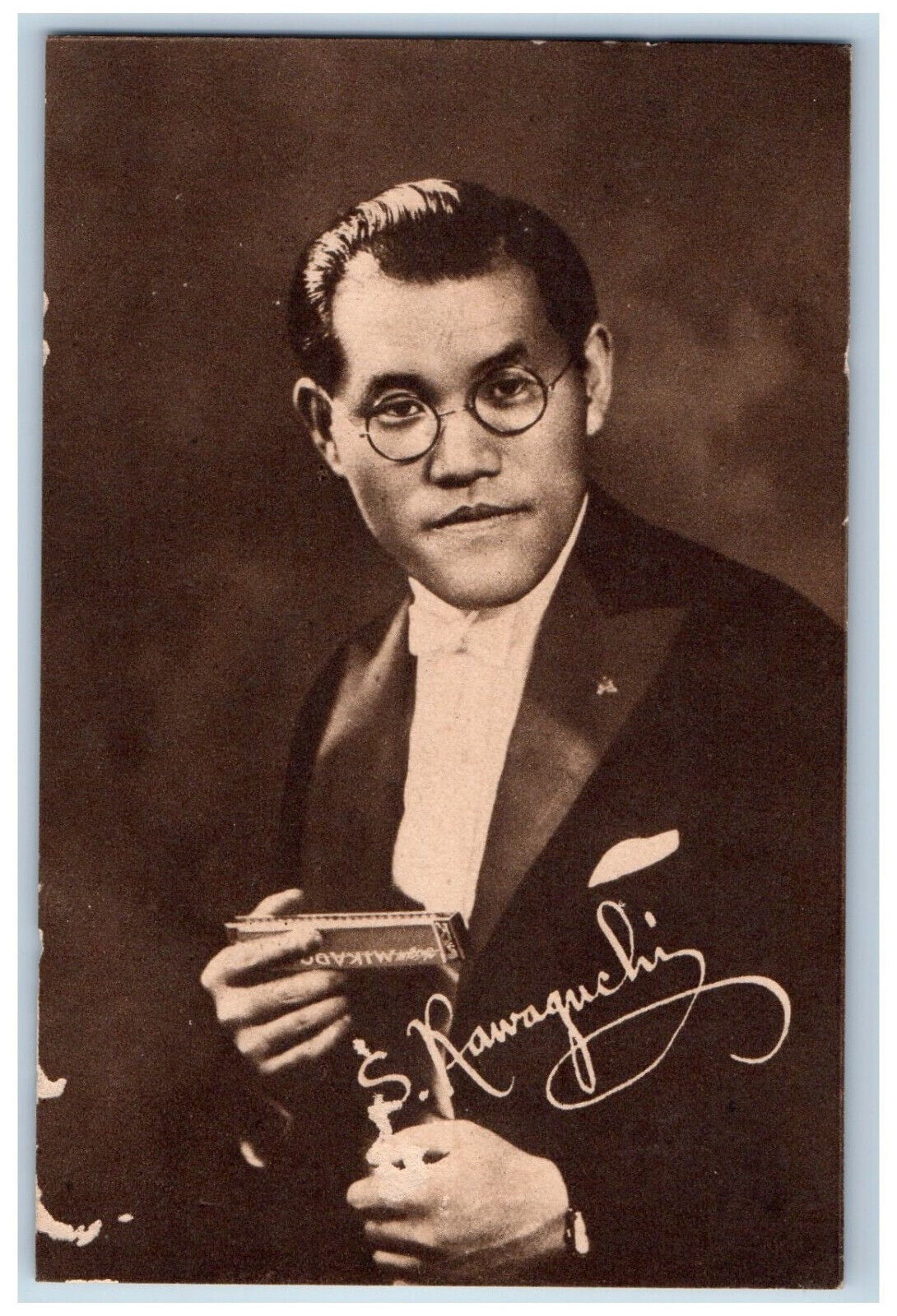 Japan Postcard Kawaguchi Japanese Musician Harmonica Mikado c1940\'s Vintage