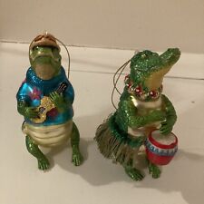 Pr. Island Alligator Musicians Blown Glass Ornament 1 On Guitar, 1 On Drums picture