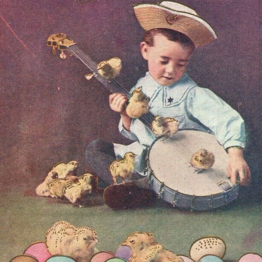 c.1910 Joyful Easter Postcard Gold Foil Young Sailor Boy Banjo Chicks Dyed Eggs