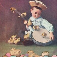 c.1910 Joyful Easter Postcard Gold Foil Young Sailor Boy Banjo Chicks Dyed Eggs picture