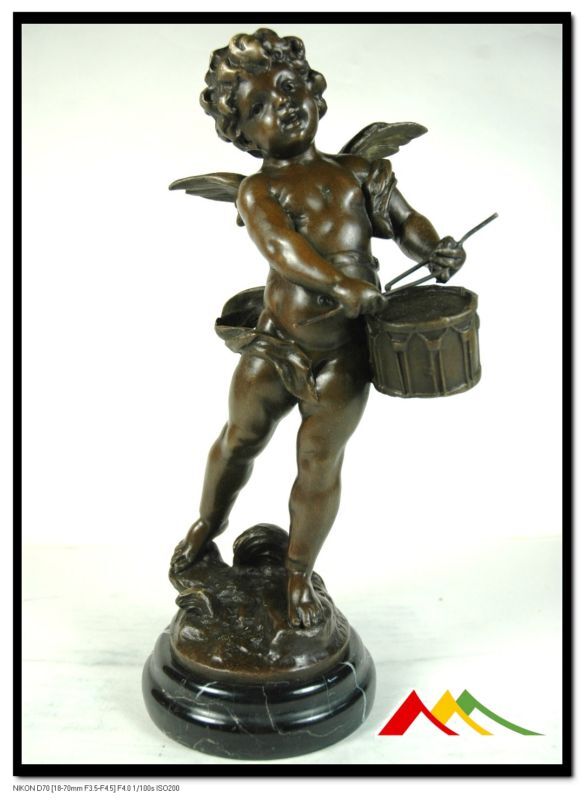 Signed Moreau Bronze statue Angel Cherub Figure W/Drum 