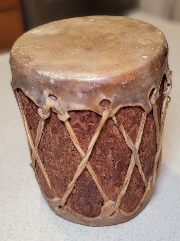 Native American Rawhide Log Drum 7.5 “ high x 6.5 “ Wide. 