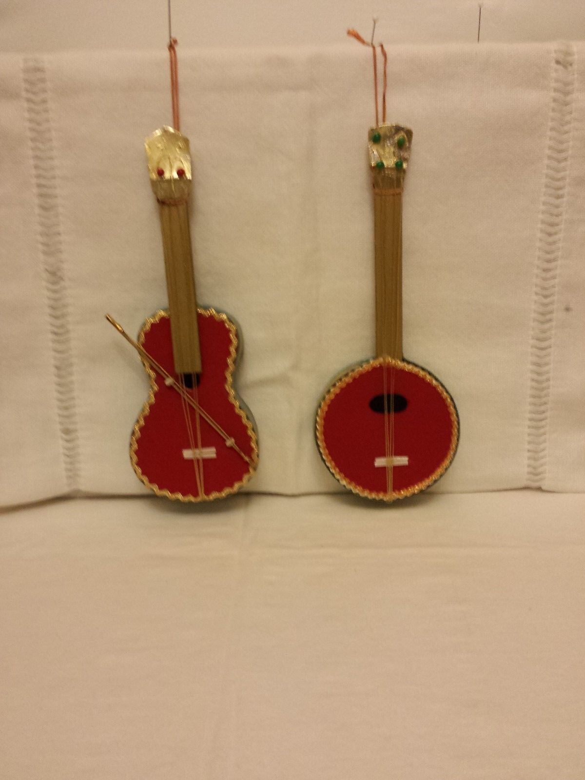 2 handmade vintage Christmas ornaments felt violin banjo made in japan