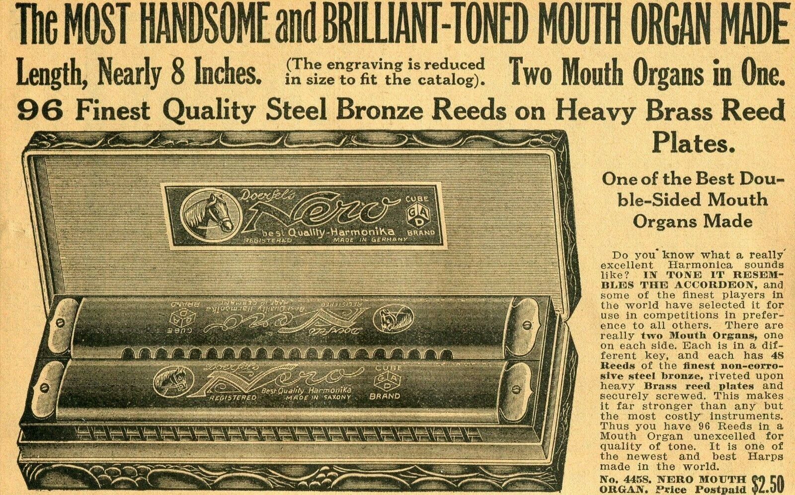 1934 small Print Ad of Doerfel\'s Cube Brand Nero Mouth Organ Harmonica 