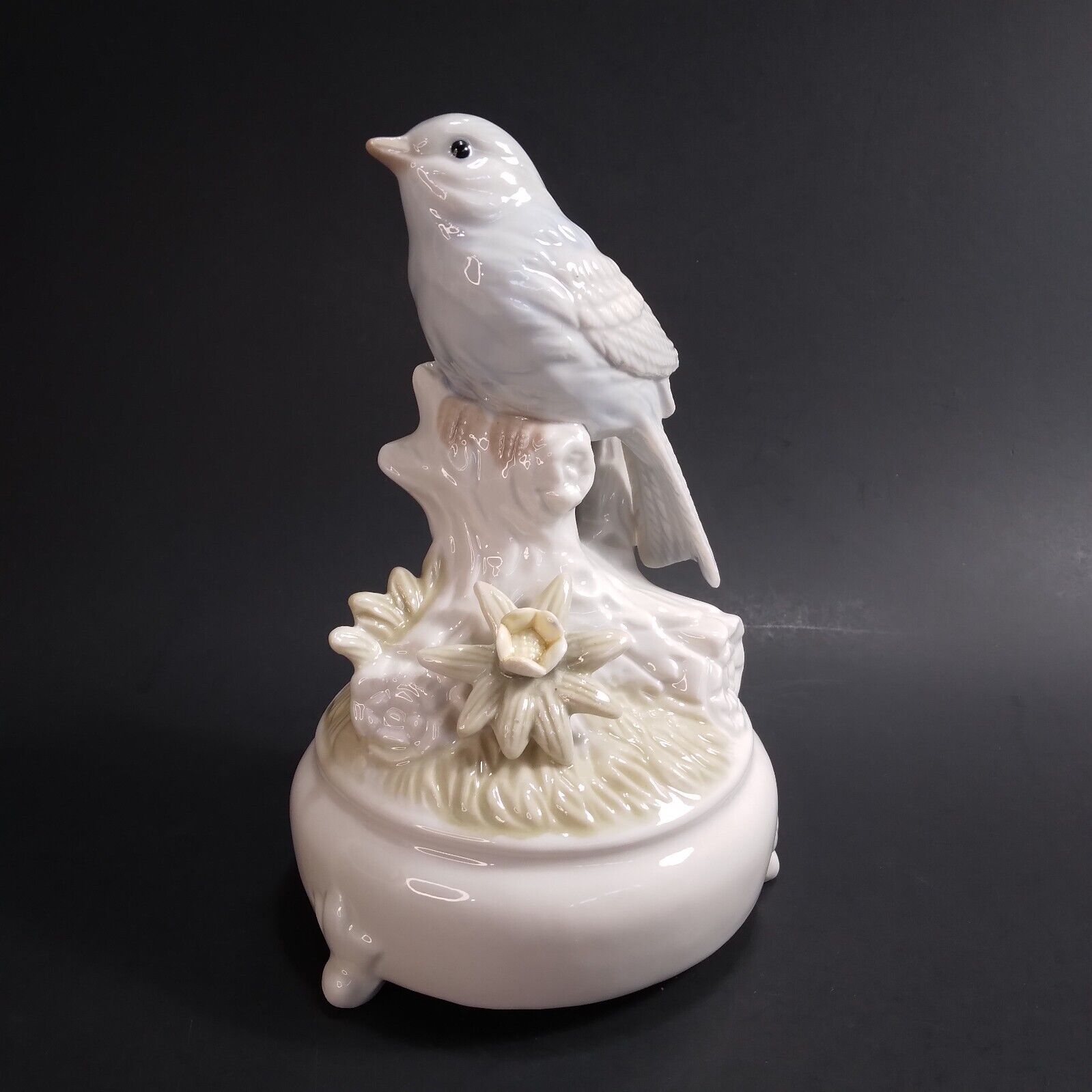 Vintage Blue Gray Bird Perched on a Tree Stump Figurine (Music Box NOT WORKING)