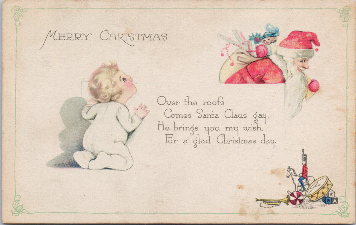 Merry Christmas Santa Claus Child Toys Drum Trumpet Xmas Gibson Postcard G30