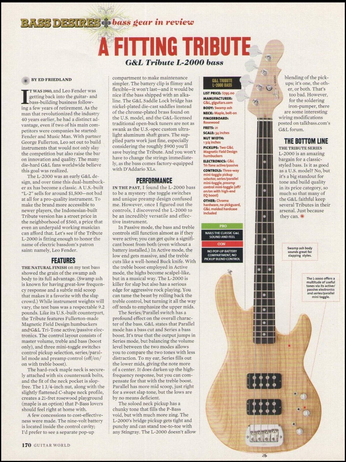 G&L Tribute L-2000 bass guitar review sound check article