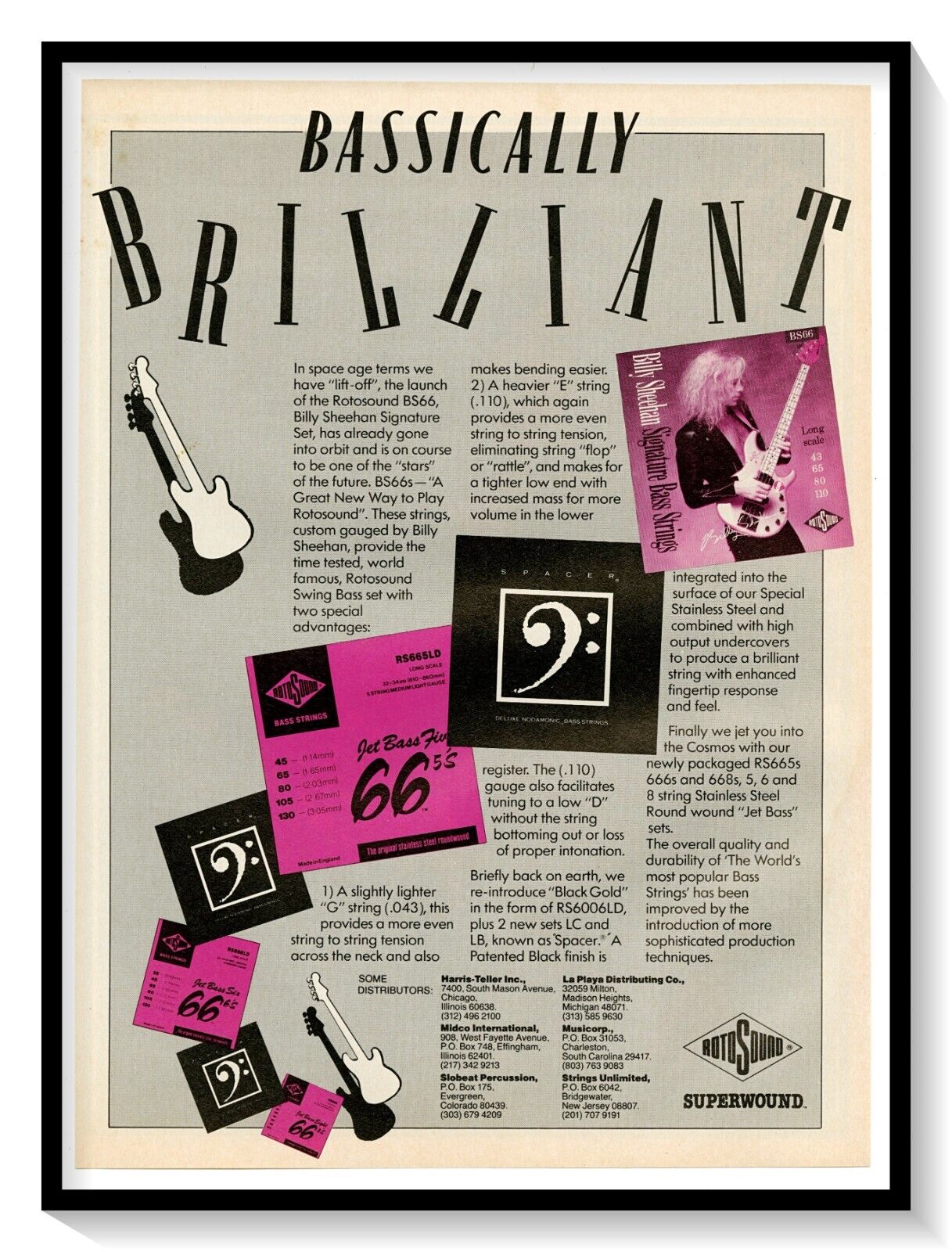Rotosound BS66 Guitar Strings Billy Sheehan Vintage 1989 Magazine Advertisement