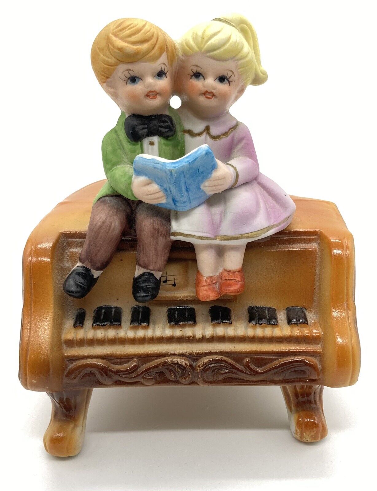Vintage TOYO Porcelain Bisque Music Box Figurine Boy Girl Piano The Way We Were