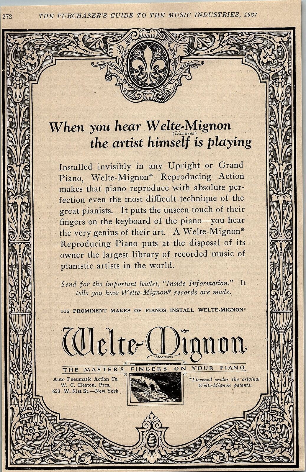1927 WELTE-MIGNON PIANOS VINTAGE ADVERTISMENT 31-123