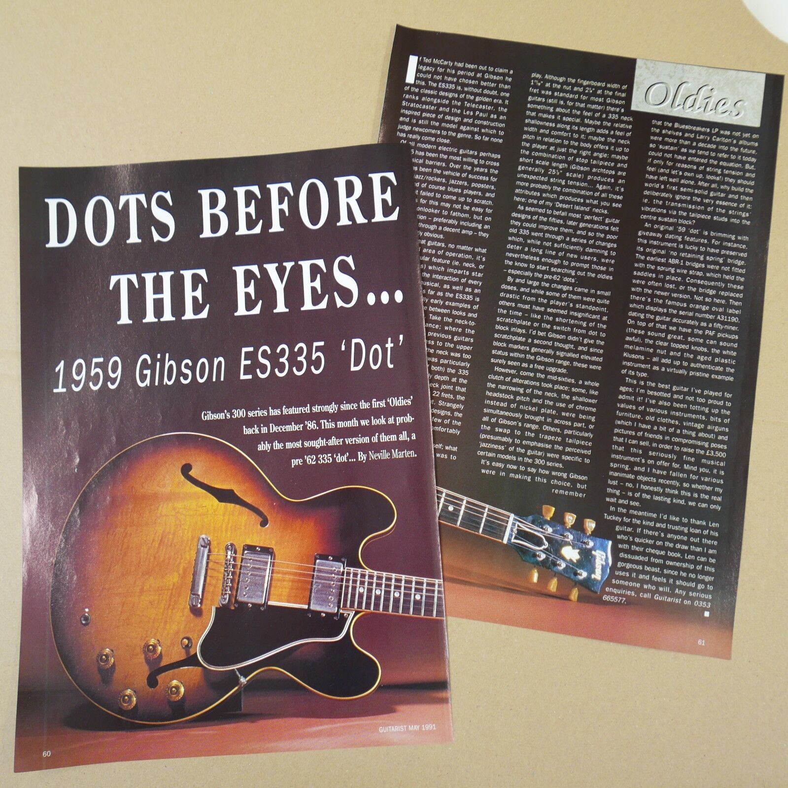 vintage 8x11 magazine cutting 1959 GIBSON ES 335 DOT REVIEW , 1991 , 2pages
