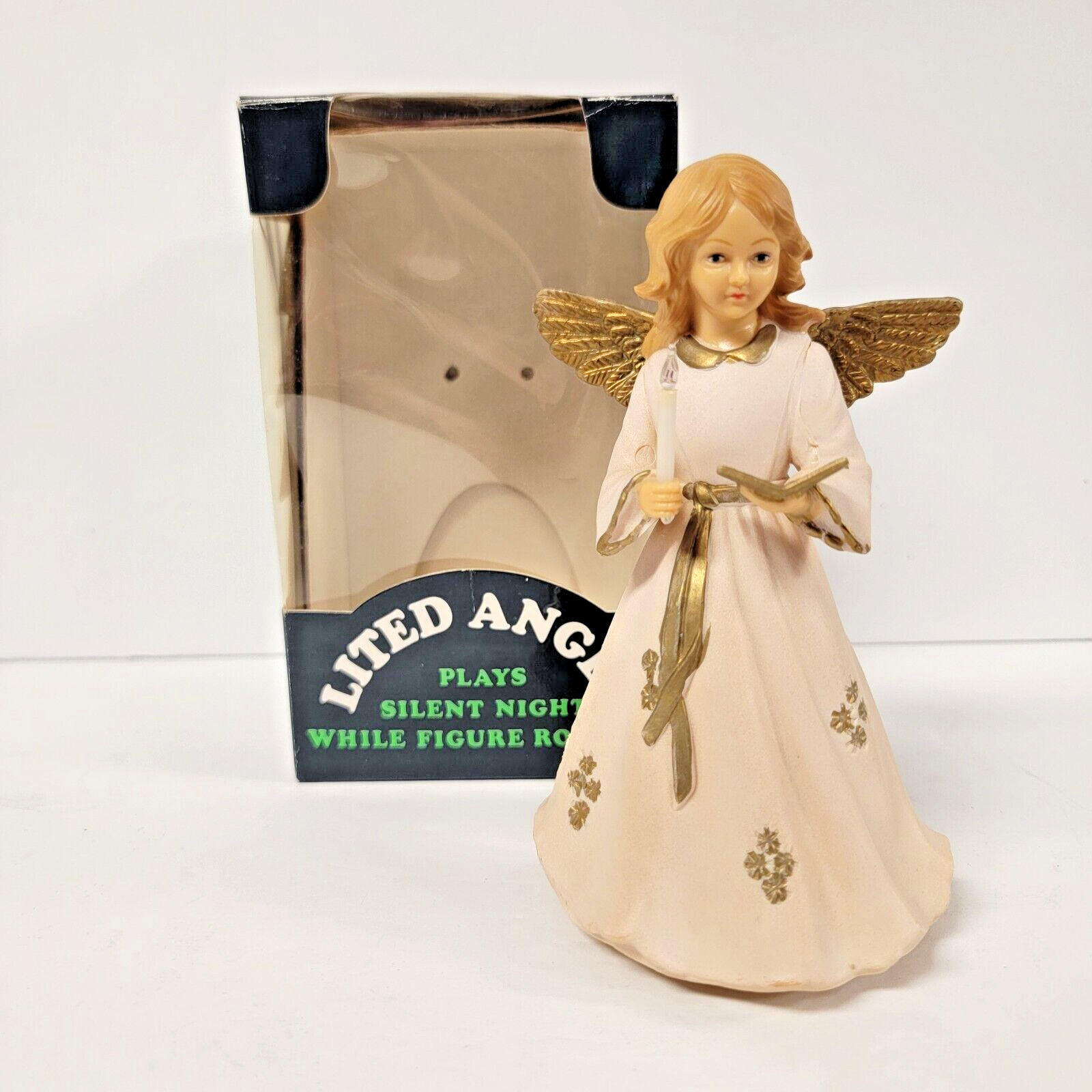 Vintage ANGEL Rotating Music Box With Lit Candle Silent Night 6 Inch NIOB