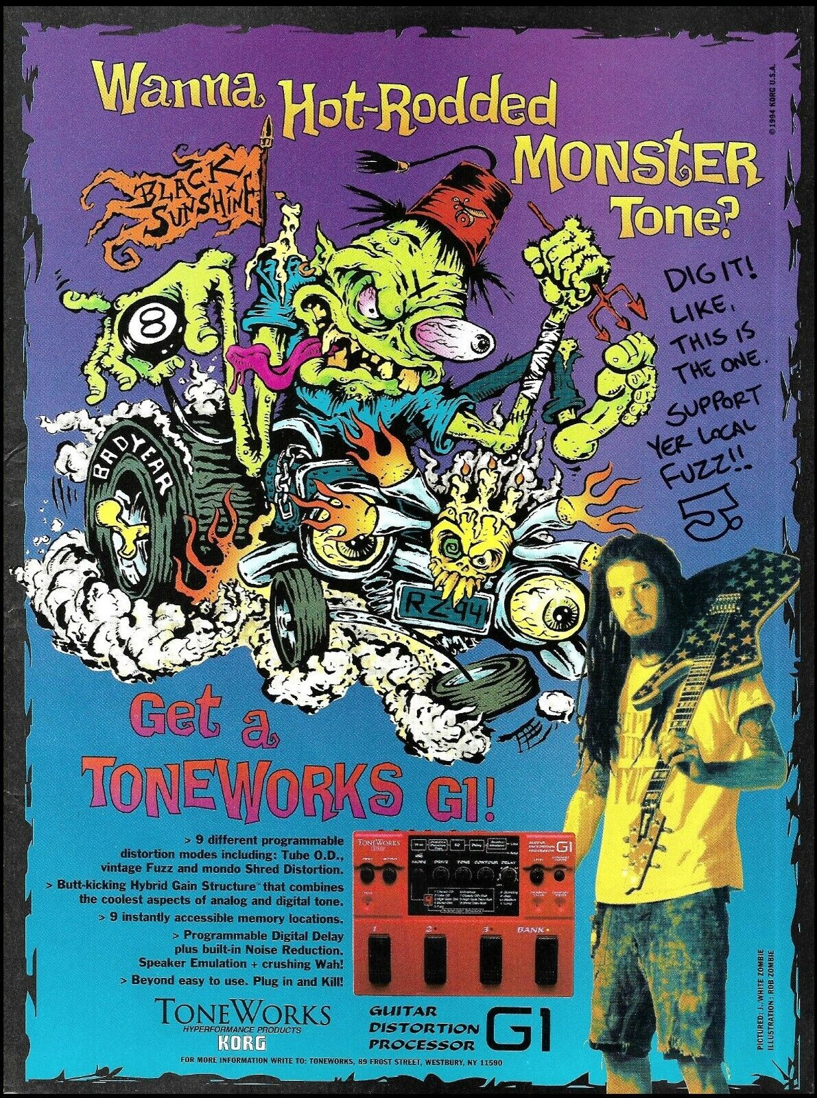 Rob Zombie\'s Jay J Yuenger Korg Tone Works G1 Guitar Processor 1994 ad print