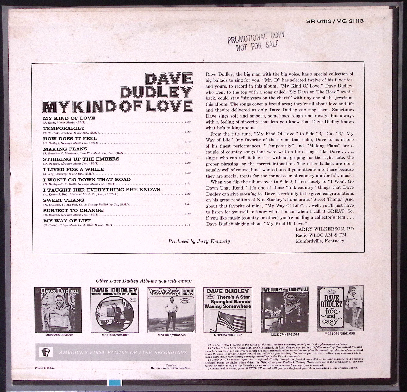 DAVE DUDLEY MY KIND OF LOVE MERCURY RECORDS  VINYL LP  131-58W