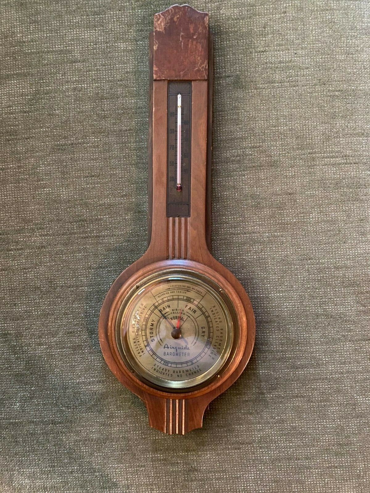 VINTAGE AIRGUIDE BANJO STYLE - TEMPERATURE & BAROMETER - 18 IN - WOOD WALL-MOUNT