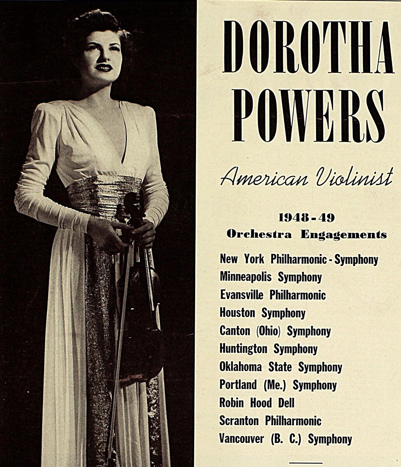Vintage Music Print Ad DOROTHA POEWRS Violinist 1949 Booking Ads 13 x 9 3/4