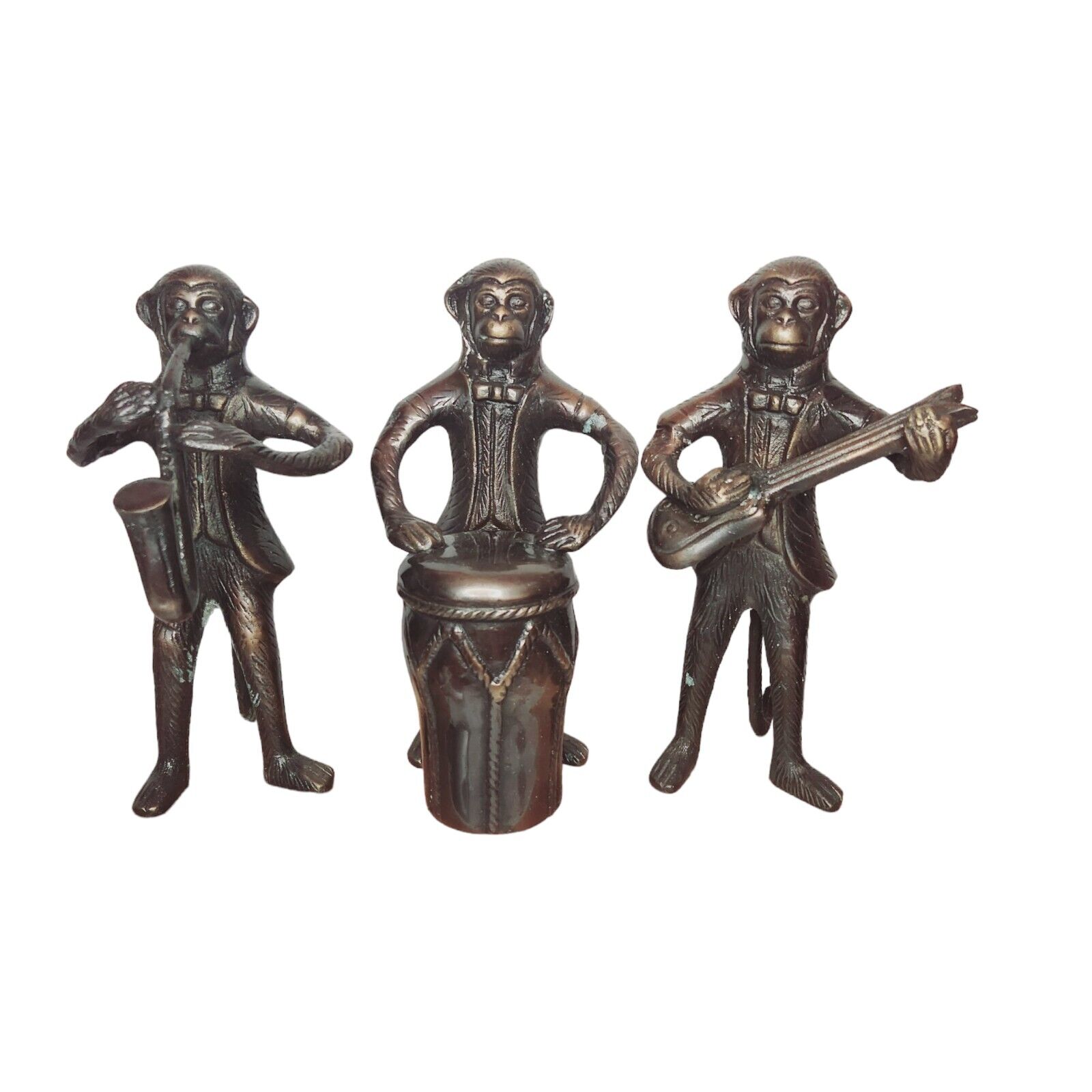 Vintage Bronze Brass Monkey Orchestra Figurines Musical Instrument Band Set of 3