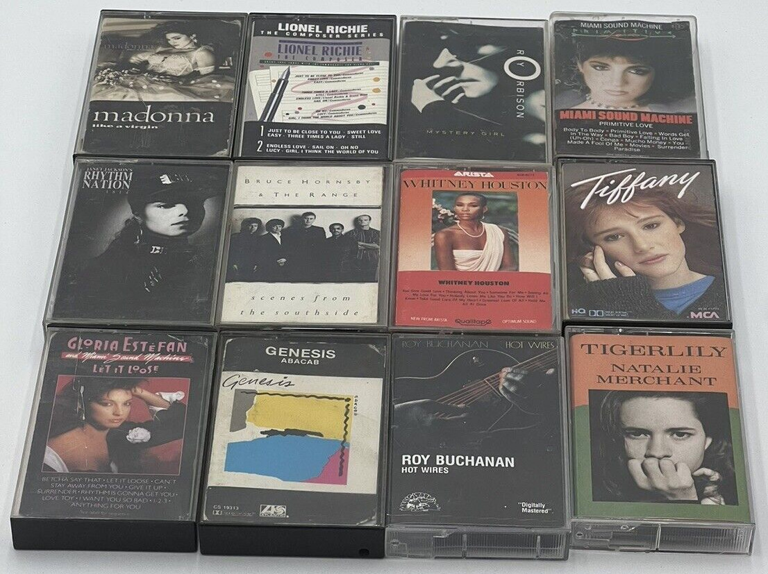 12 Cassette Tape lot 80\'s Madonna Lionel Richie Whitney Houston Genesis Tiffany