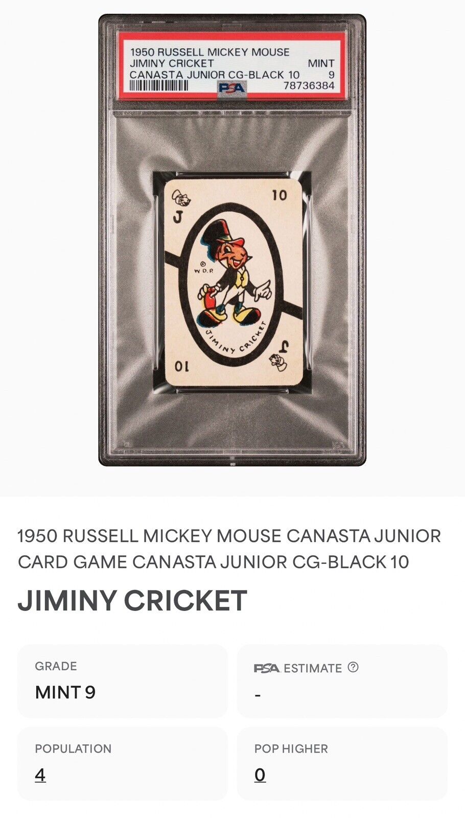 RARE VINTAGE 1950s RUSSELL MICKEY MOUSE JIMINY CRICKET CANASTA CARD PSA 9 MINT