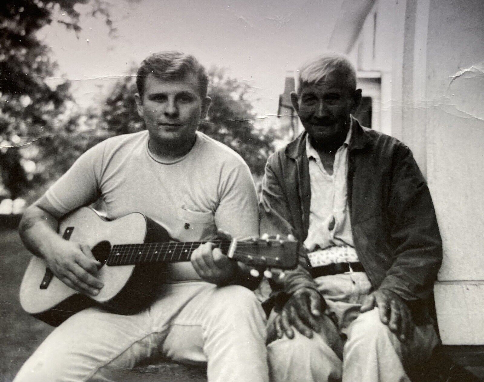 Guy Playing Guitar with Older Man Next to Him Original Vintage Photo