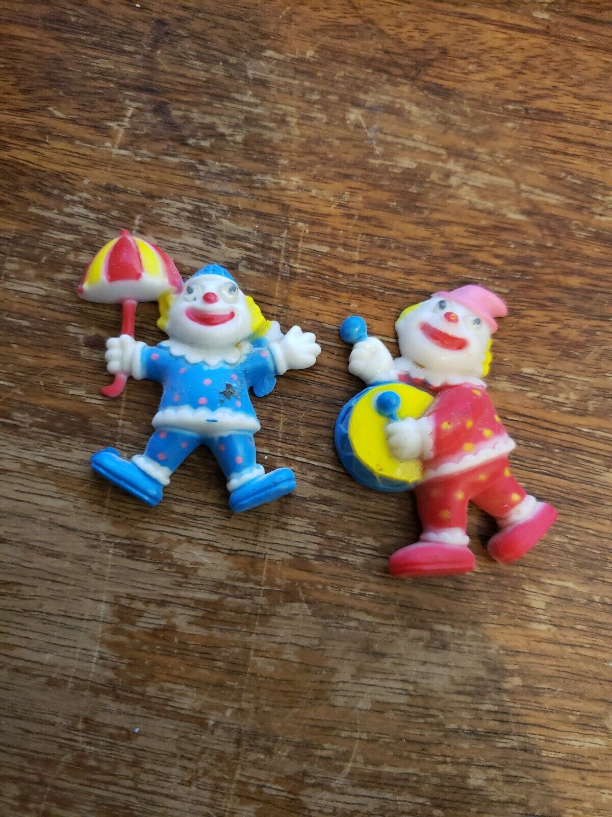 Lot of 2 Vintage Fridge Magnets Pair of Clowns Drums and Umbrella Rare