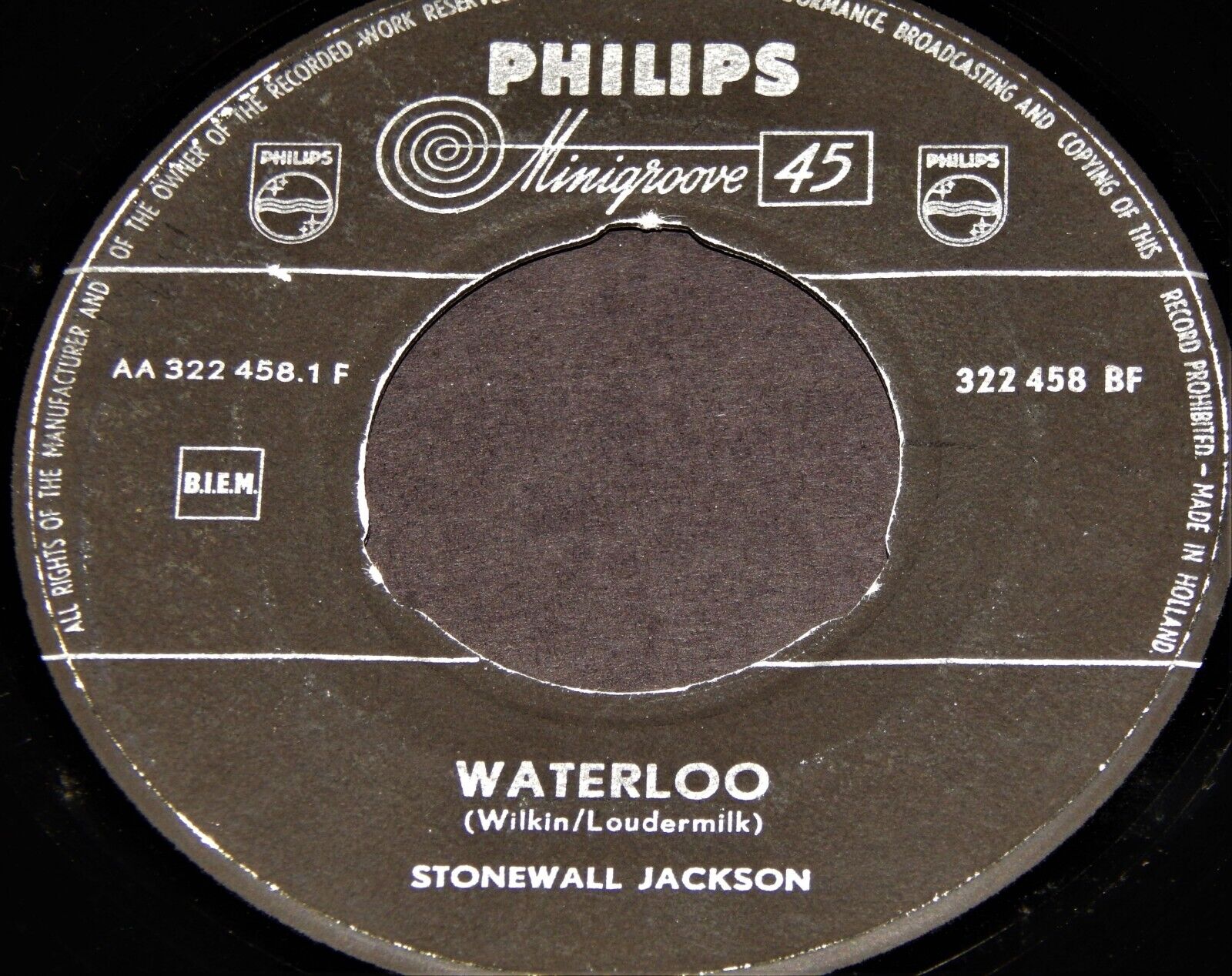 Vintage Record, STONEWALL JACKSON: WATERLOO & SMOKE, 45 rpm, 1959,Country,Import