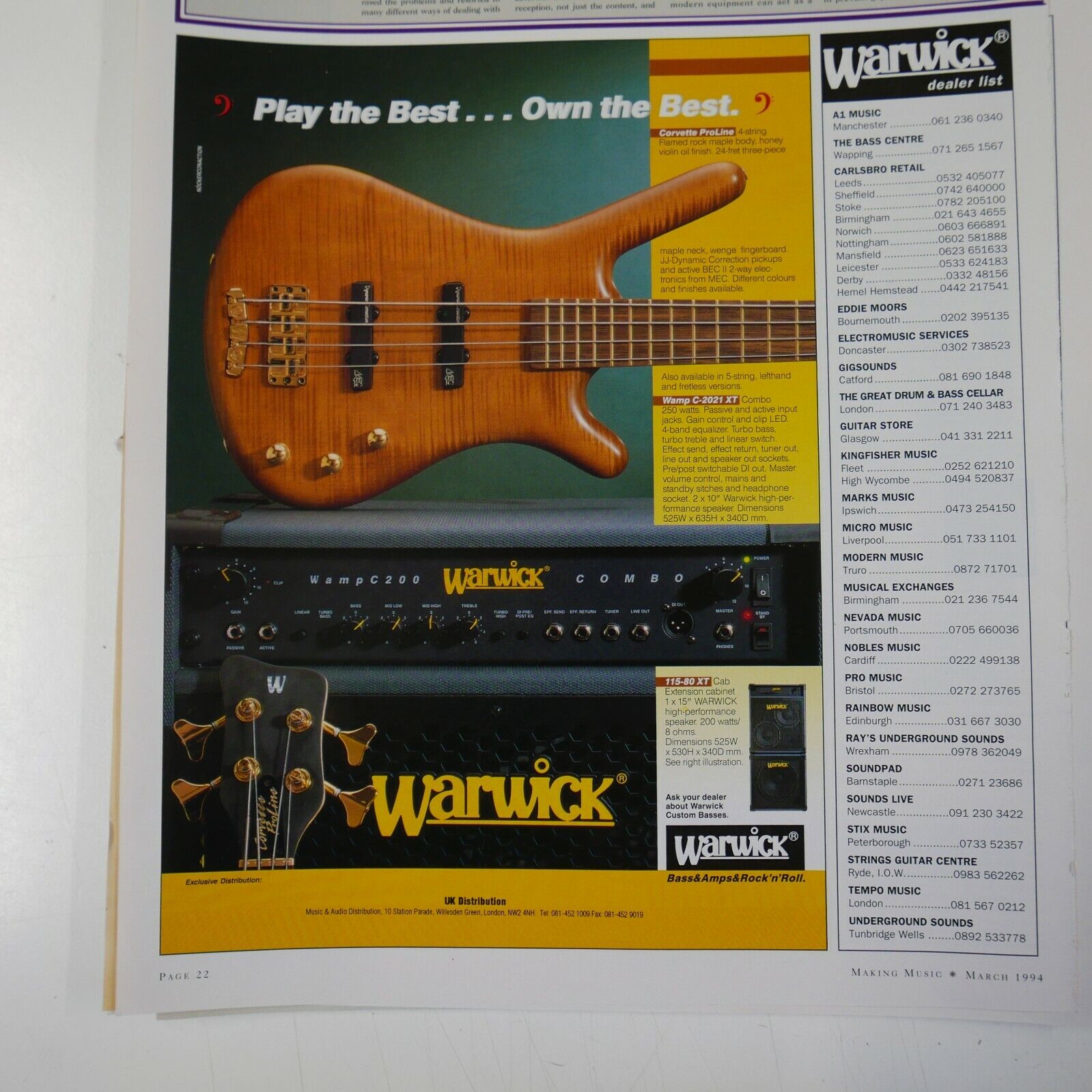 21x30cm magazine cutting 1994 WARWICK CORVETTE / WAMP