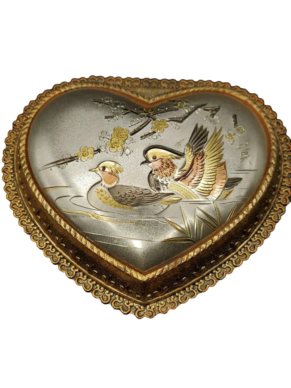 Heart Shaped Vintage Sankyo Music Jewelry Box Ducks Ducklings