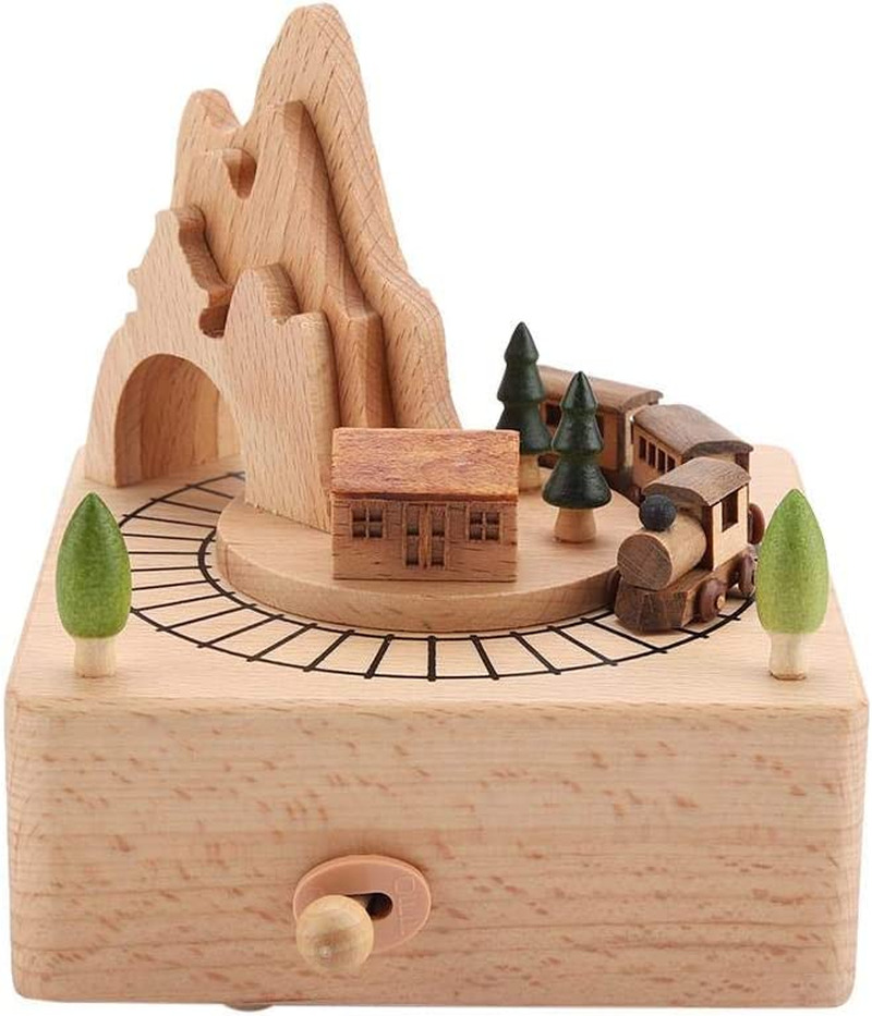 Wooden Music Box Vintage Musical Box Featuring Mountain Tunnel with Mini Moving 