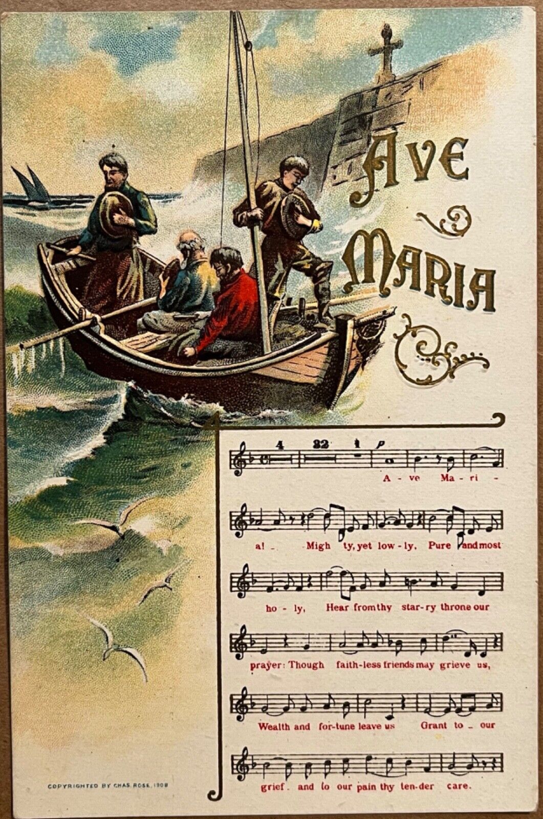 Men in Boat Ave Maria Religious Hymnal Sheet Music Song Vintage Postcard 1908