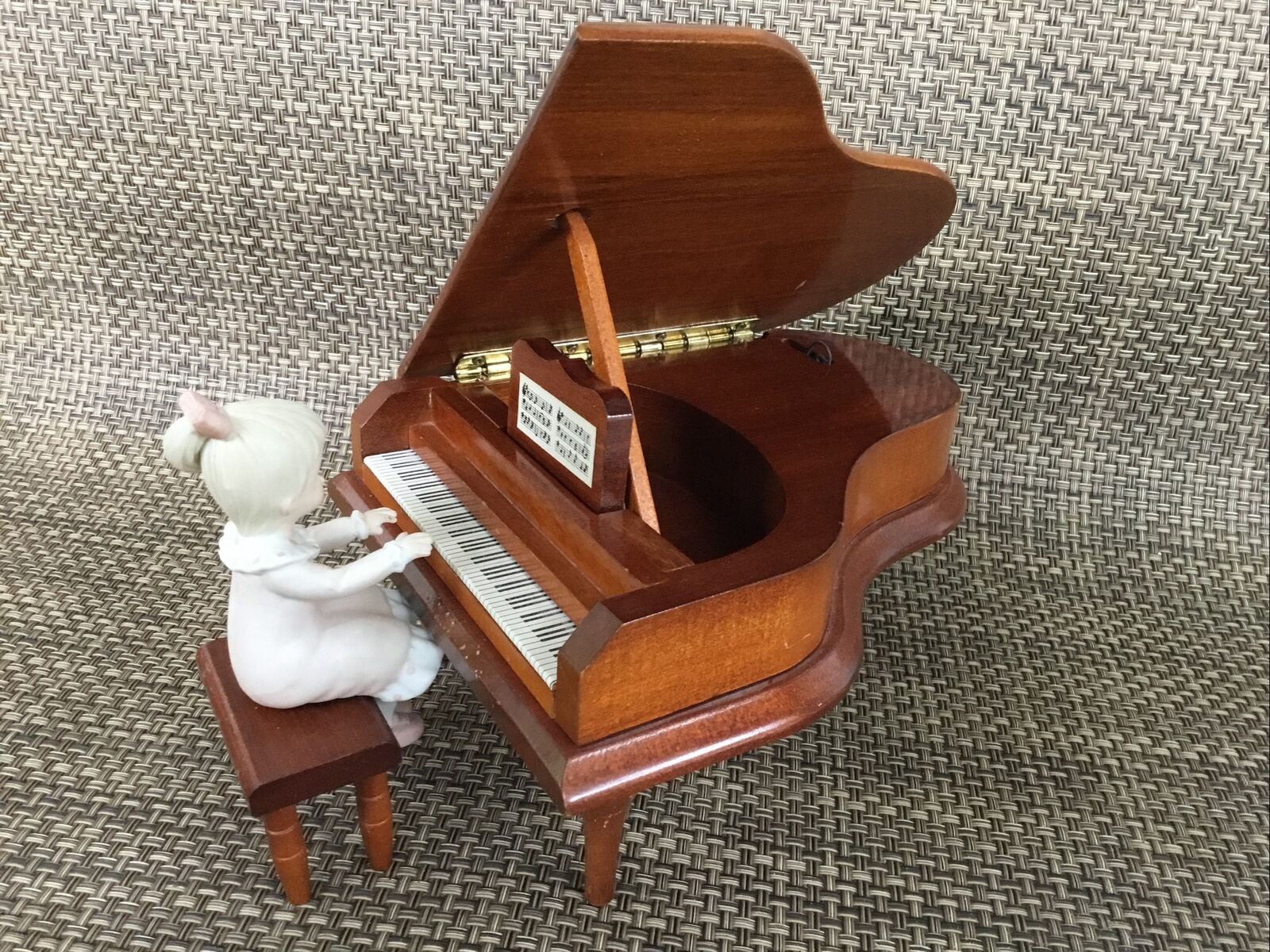 Vintage Wood Music Box Lefton Grand Piano Plays With Girl and Stool