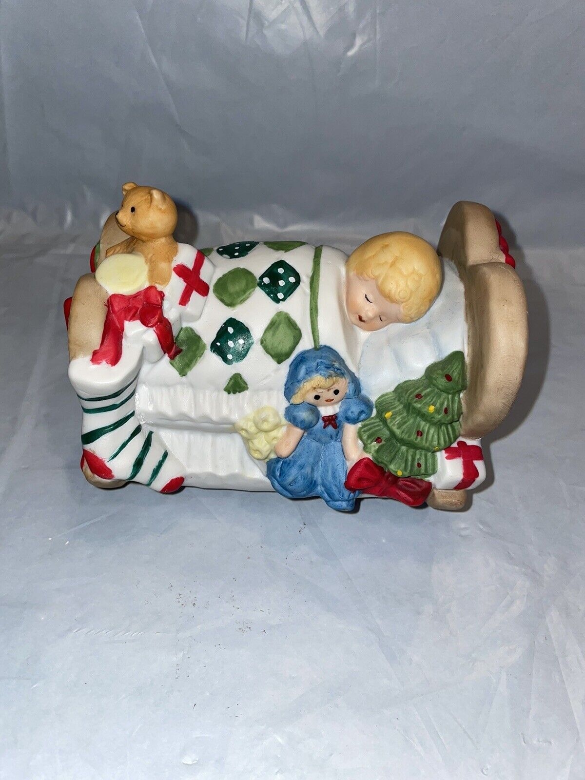 Vintage Sleeping Child Christmas Ceramic Music Box Silent Night - Tested