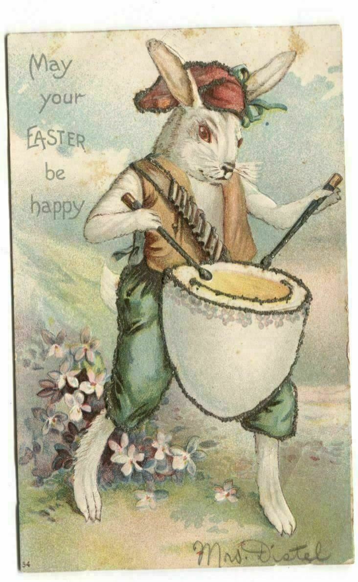 Easter Postcard Rabbit Playing Egg Drum 