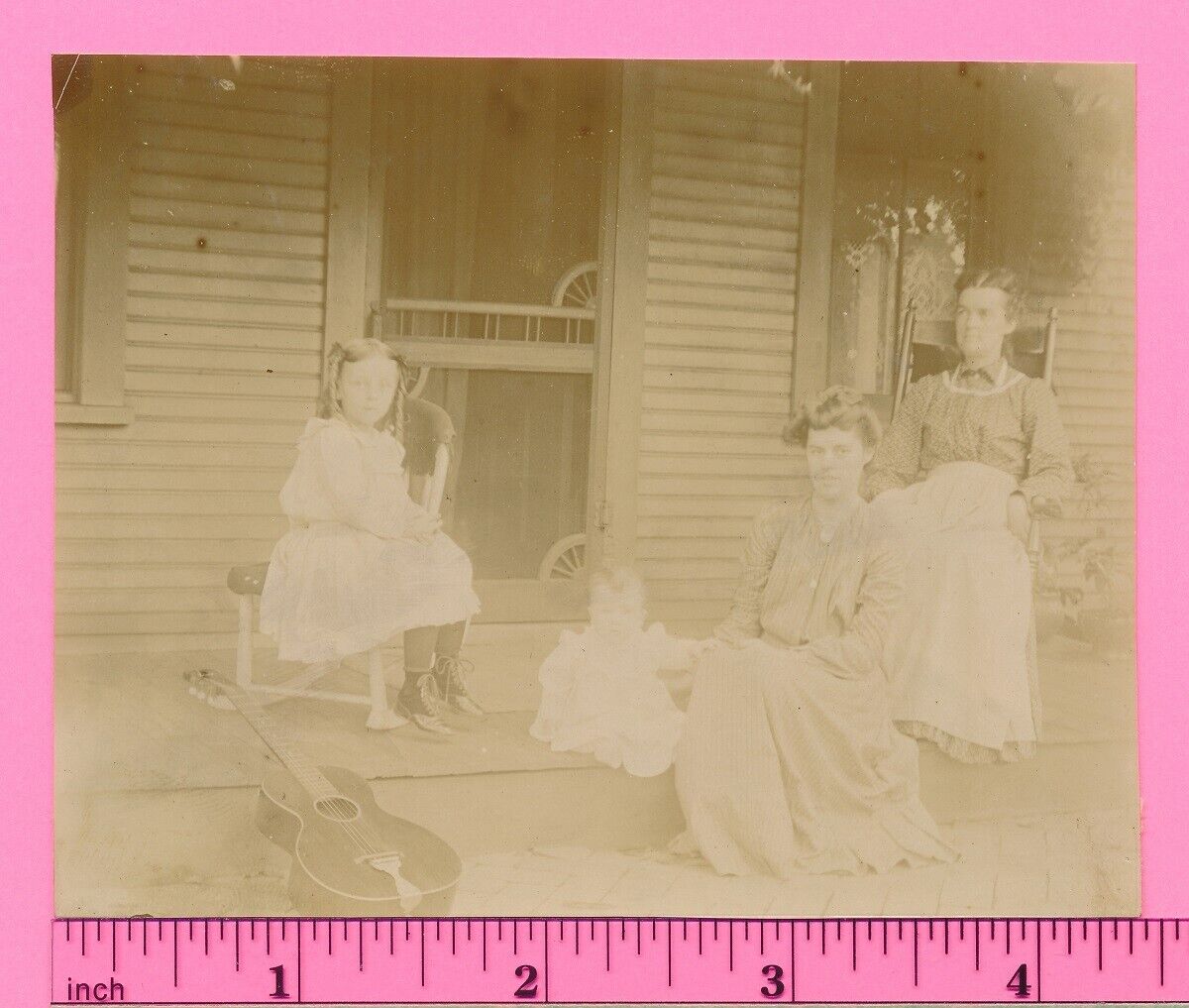 Women Musicians on Porch by Antique 6 String Guitar Vintage Snapshot Photo