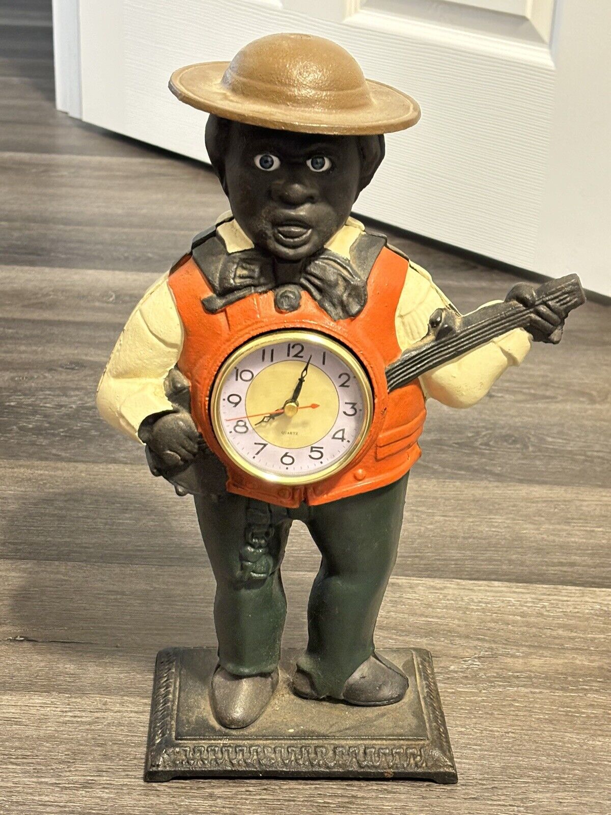 Vintage Cast Iron Banjo Man Clock Sculpture Americana Reproduction 