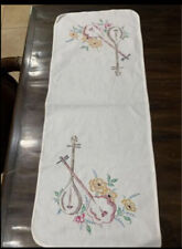Vintage Handmade Needlepoint Table Runner Banjo Table Decor Embroidered Linen picture