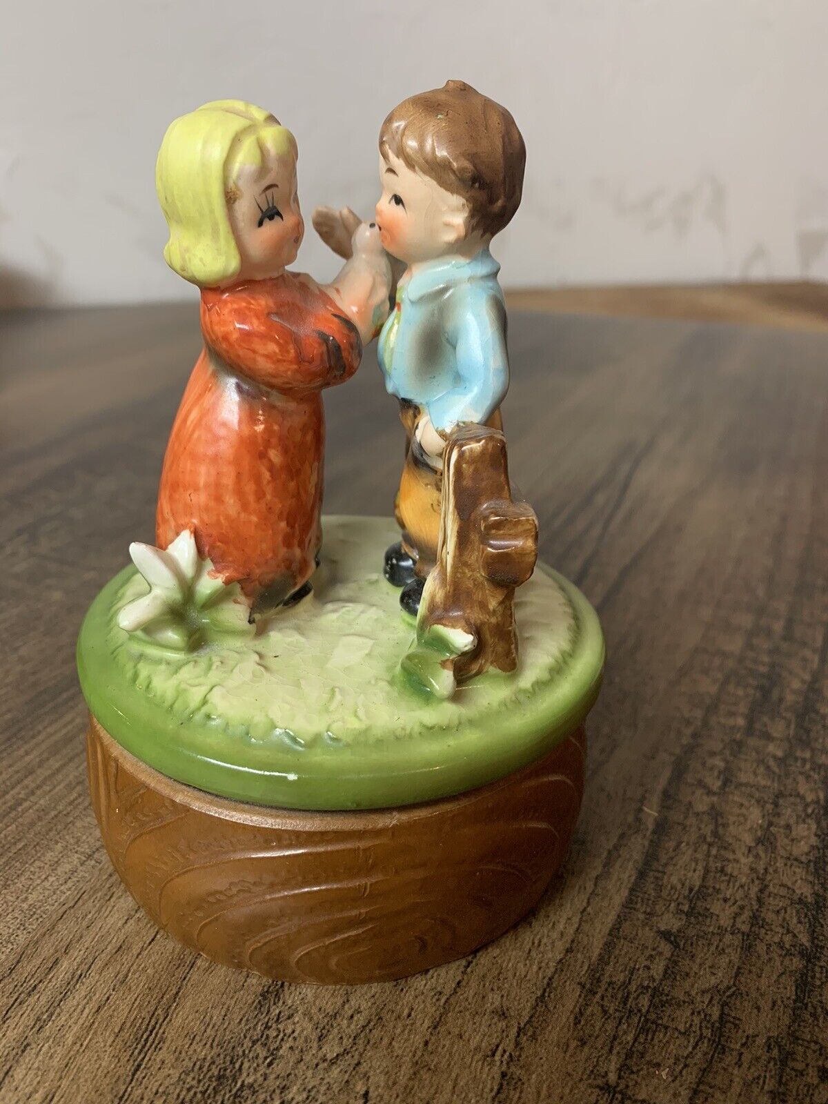 Vintage Music Box Ceramic Boy and Girl Figurine Somewhere My Love Japan Made