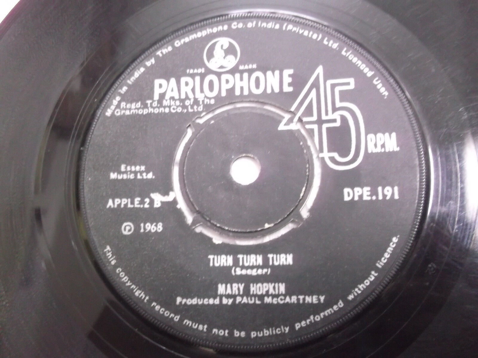 MARY HOPKINS parlophone those were the days/turn turn  rare SINGLE INDIA VG+