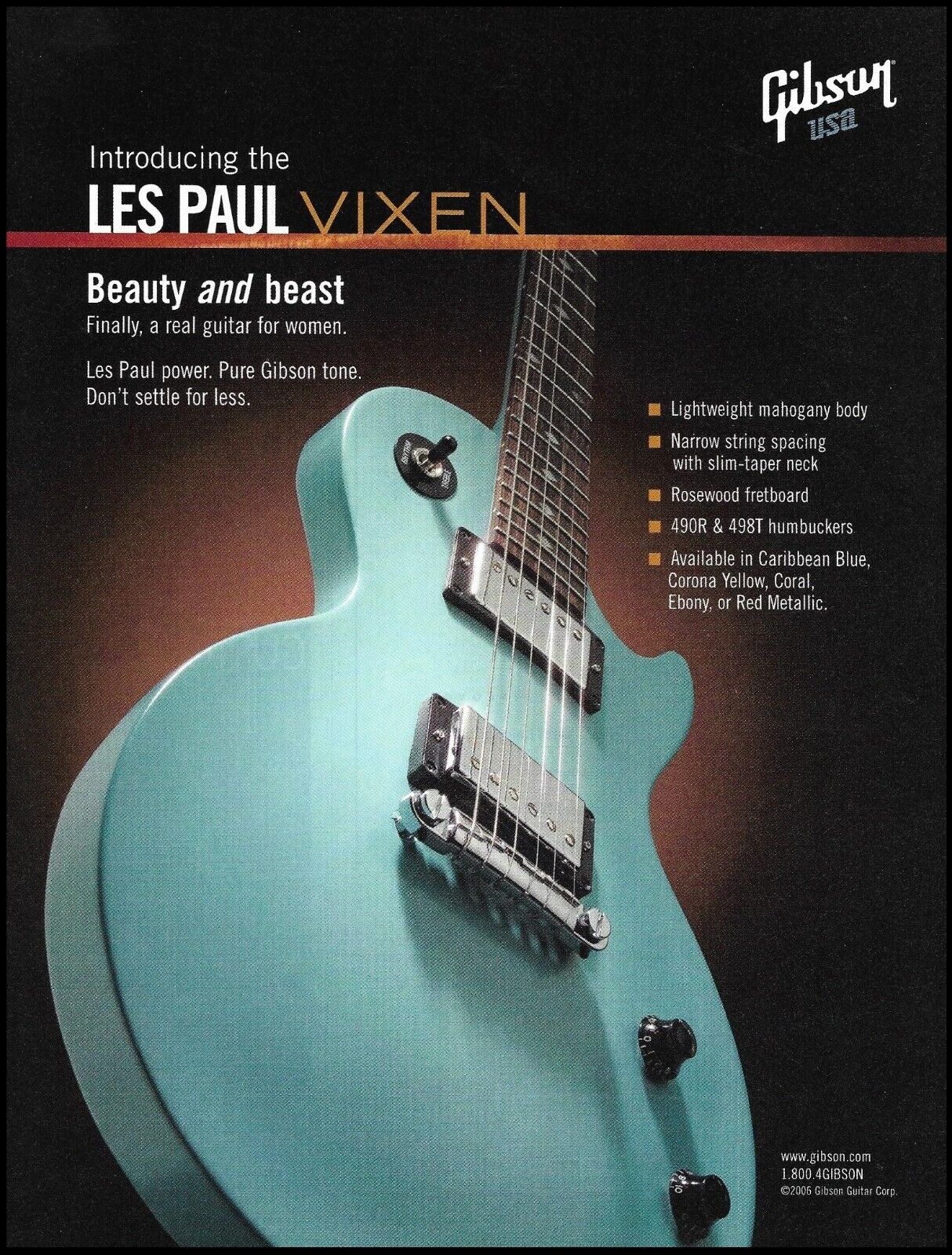 2006 Gibson Les Paul Vixen Caribbean Blue electric guitar advertisement ad print