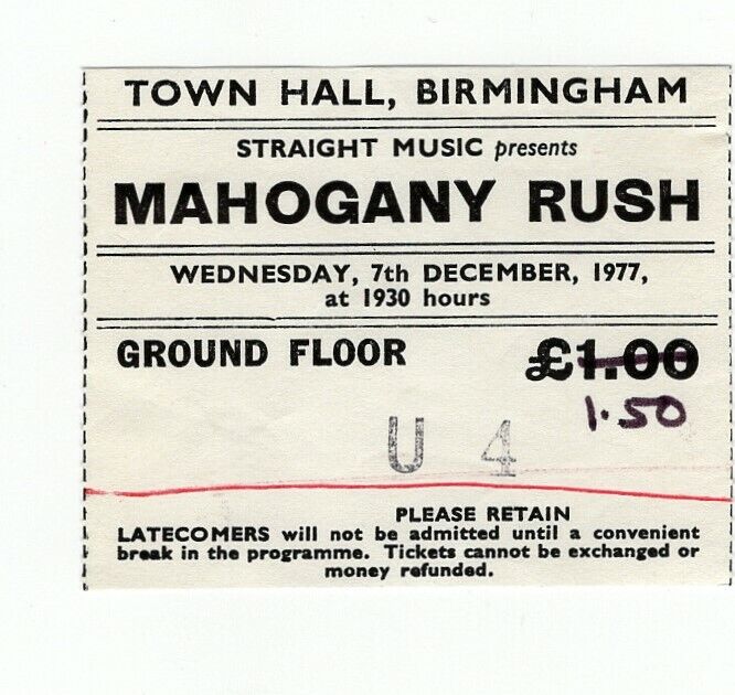 Mahogany Rush Frank Marino Ticket Vintage Birmingham Town Hall 1977