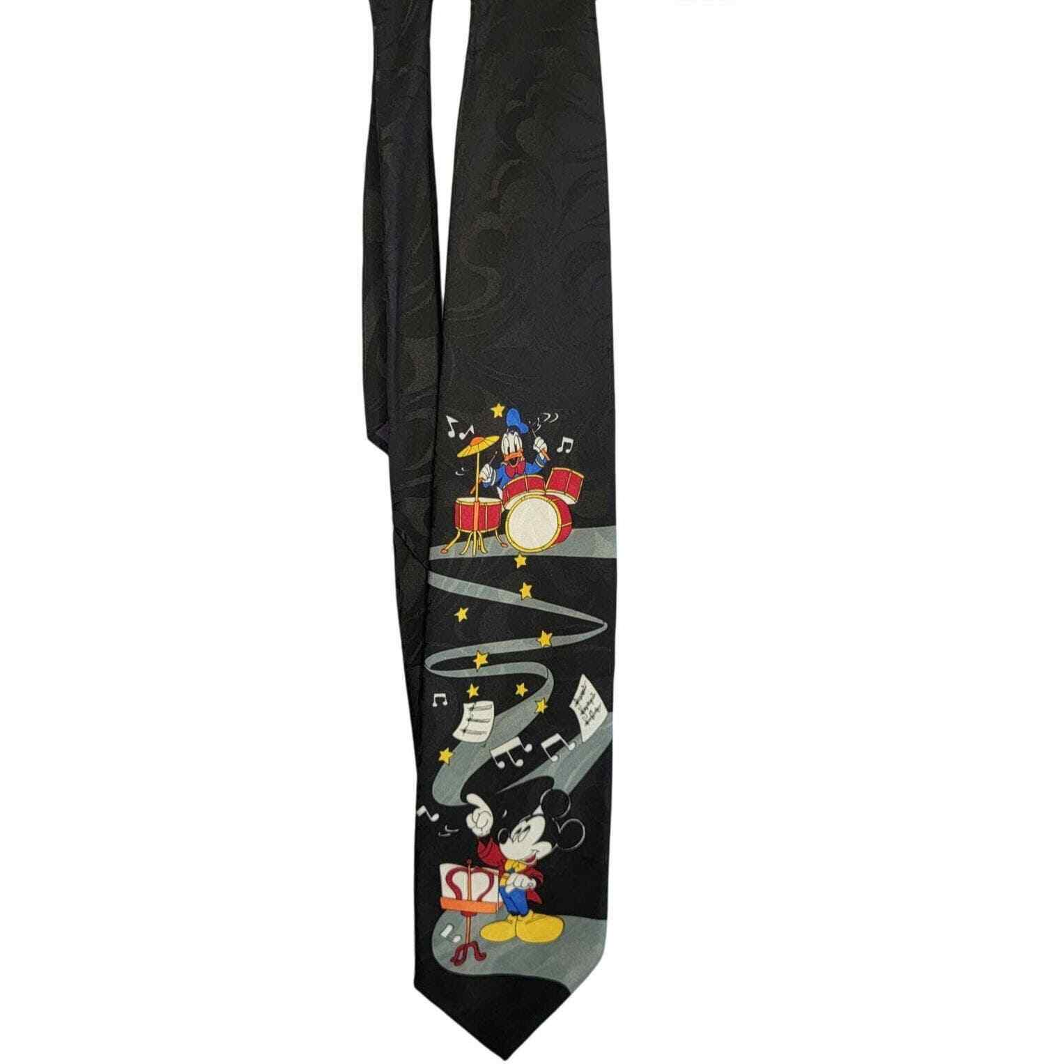Vintage DISNEY Necktie Mickey Mouse Donald Duck Music Instrument Black BALANCINE