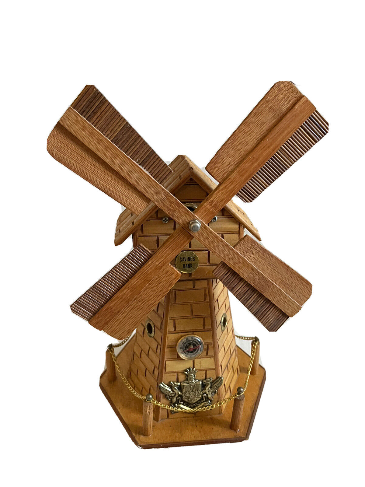 Vintage Bamboo Wood Windmill Music Box Bank &Thermometer Office  Home Décor
