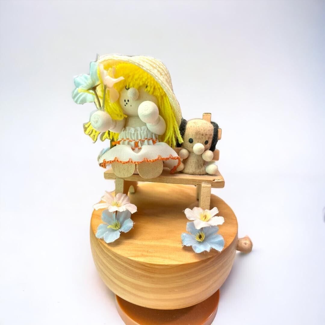 Vintage Music Box, Wooden Rotating Girl on a Bench with a Dog It's A Small World