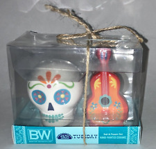 BW TACO TUESDAY Sugar Skull & Guitar Hand Painted Ceramic Salt & Pepper Shakers picture